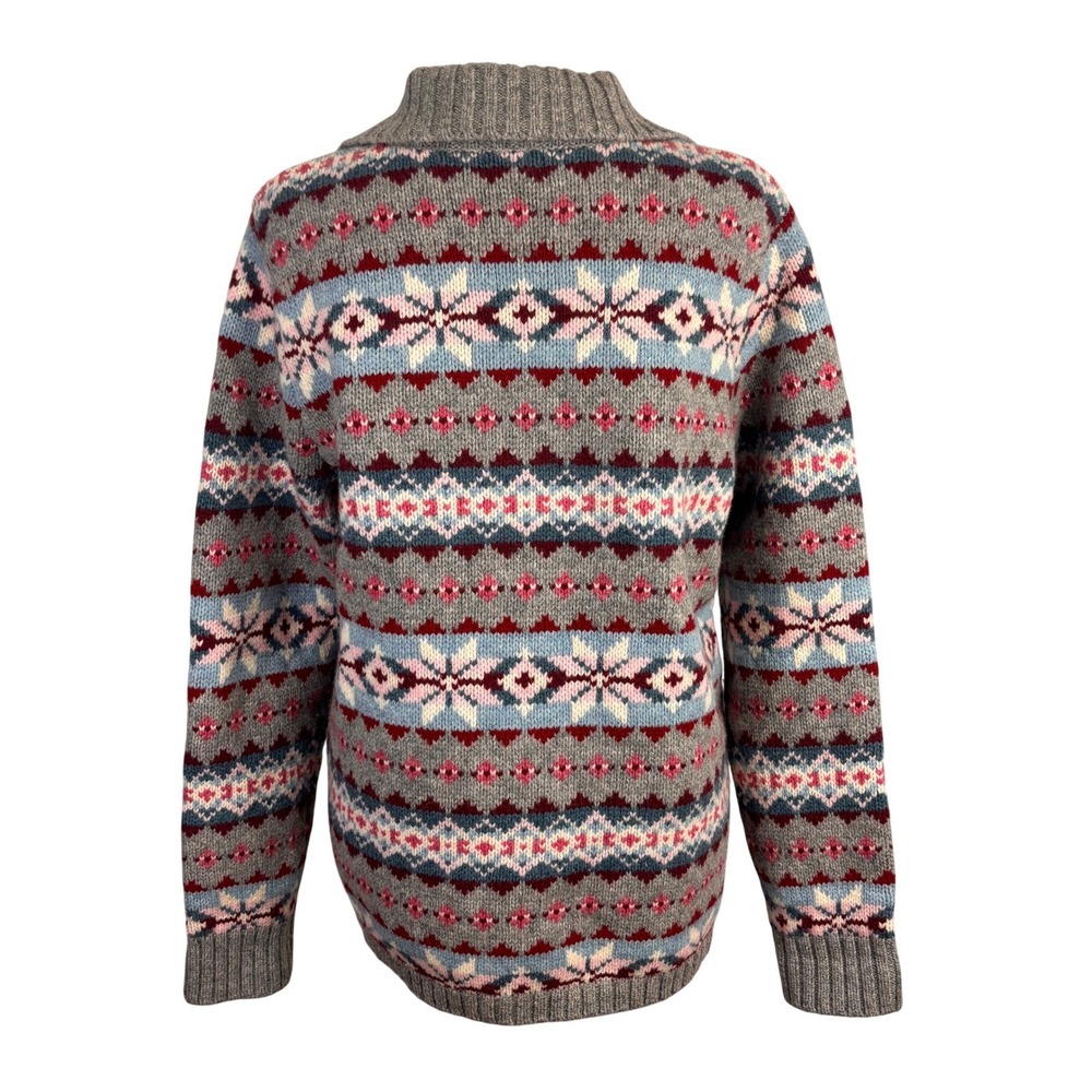 L.L. Bean Cardigan Sweater Womens L Grey Fair Isle Full Zip Wool Nordic‎ Grandma - Picture 3 of 8